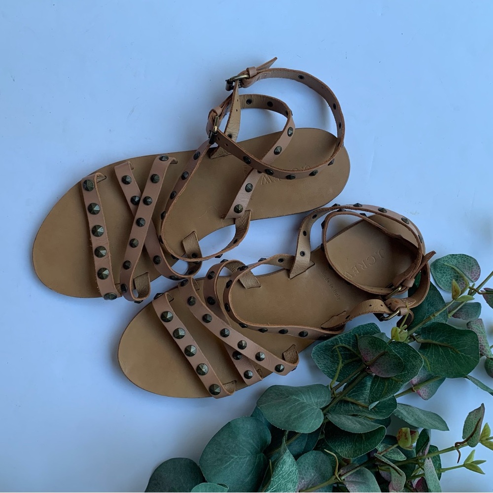 J.Crew Gianna Double Corps Strappy Leather Studded Sandals Tan